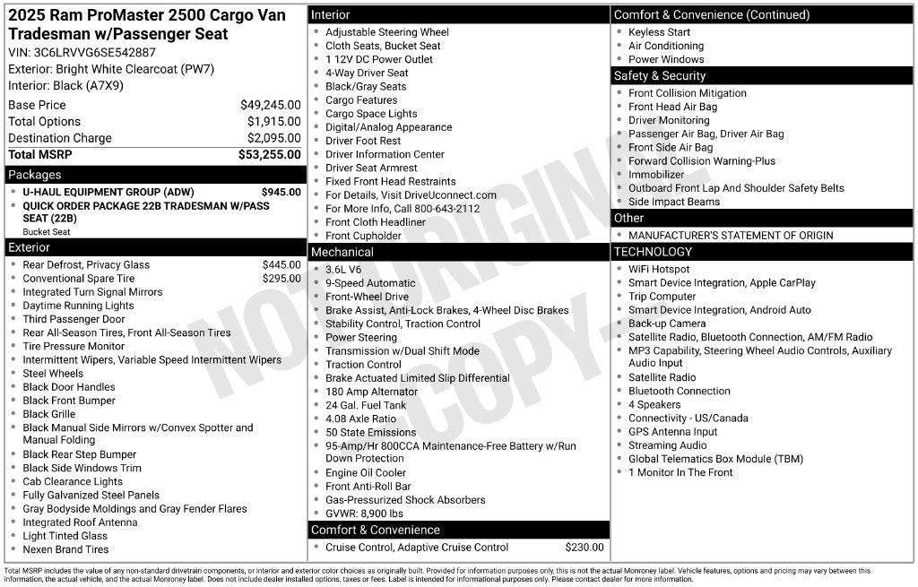 2025 RAM ProMaster Cargo Van Tradesman